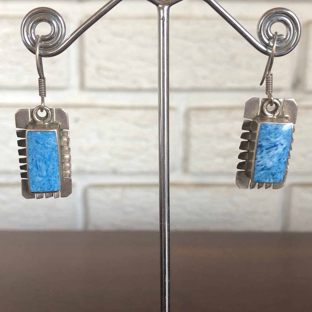 Native American Navajo sterling silver and larimar drop earrings - Picture 2 of 8